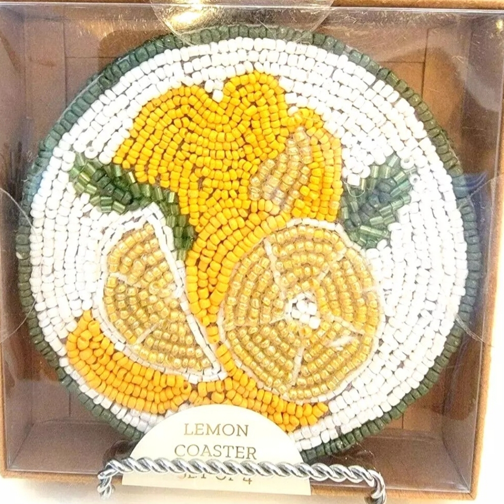 Set of 4 Lovely Handcrafted Beaded 4"  Coasters Lemon Design Green Trim New